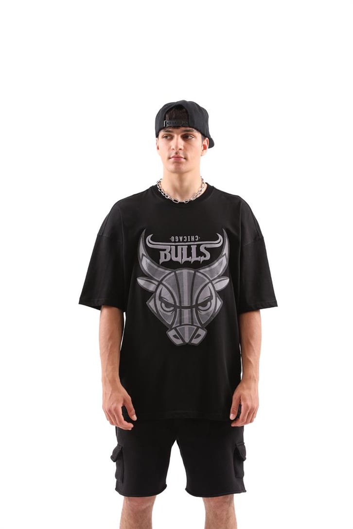 Bulls Baskılı Siyah Oversize Tişört