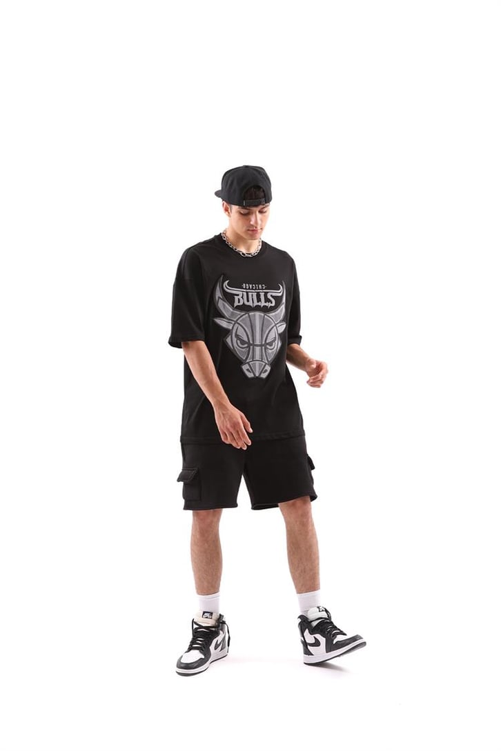 Bulls Baskılı Siyah Oversize Tişört