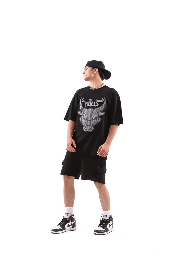Bulls Baskılı Siyah Oversize Tişört