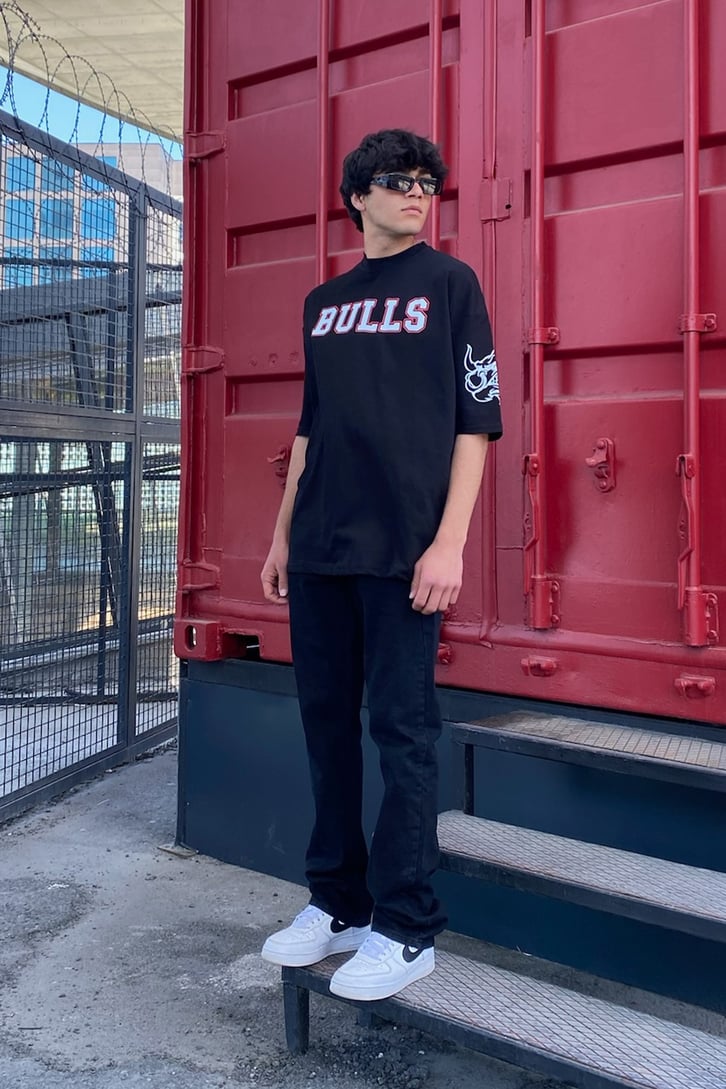 Bulls Baskılı Siyah Oversize Tshirt