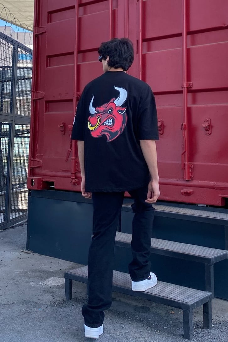 Bulls Baskılı Siyah Oversize Tshirt