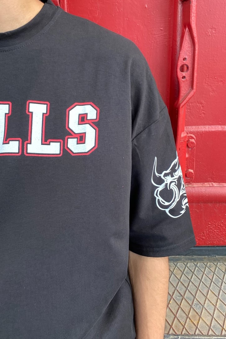 Bulls Baskılı Siyah Oversize Tshirt
