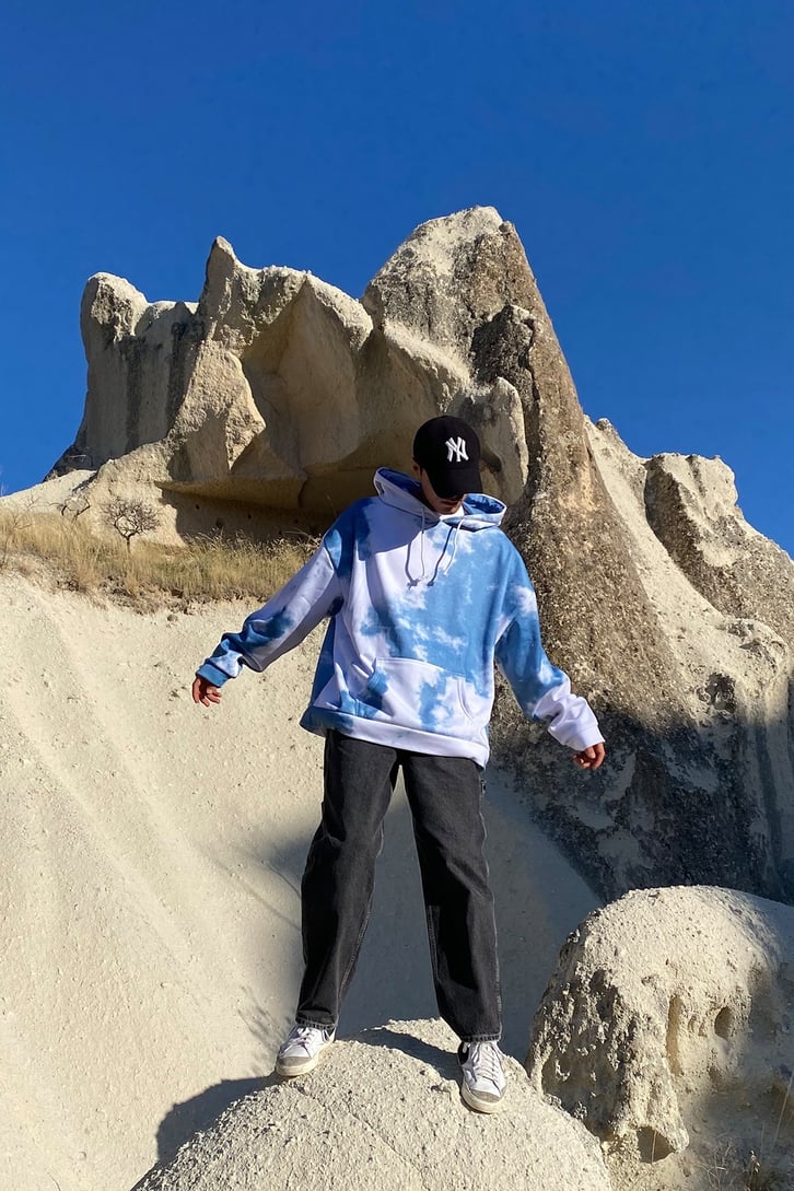 BULUT BASKILI OVERSIZE HOODIE