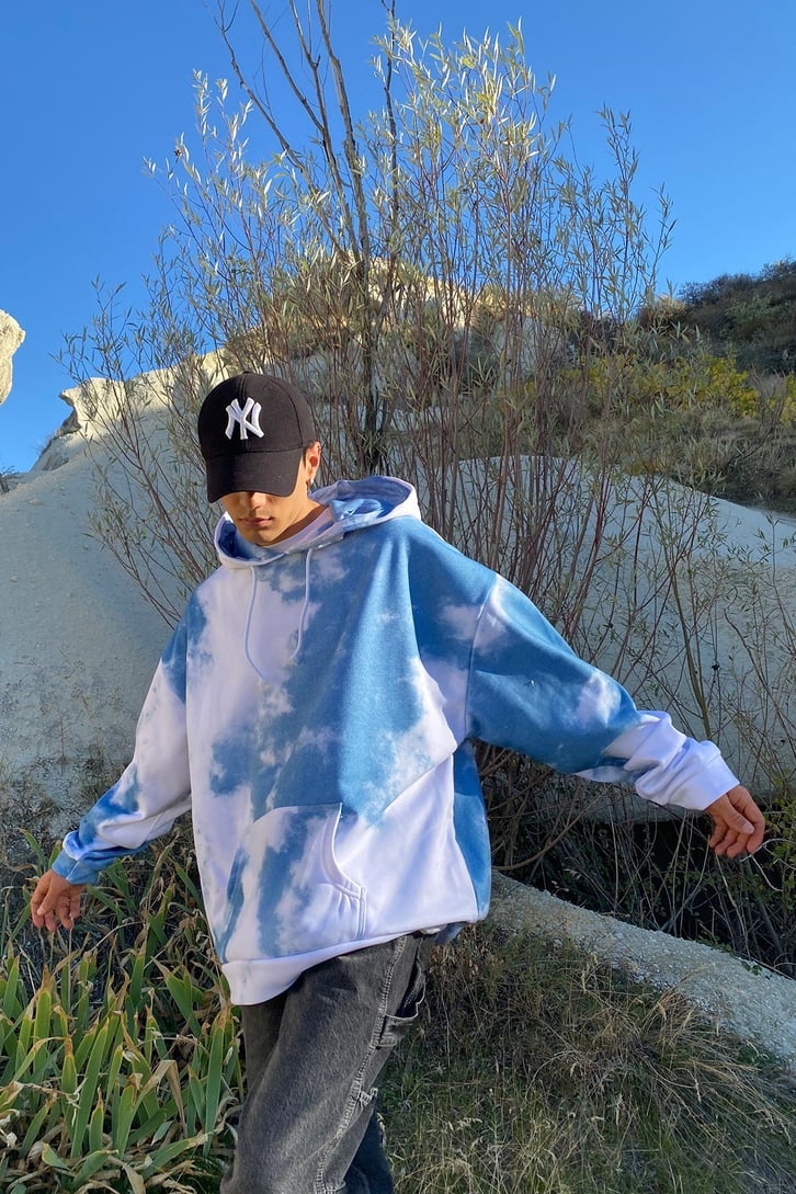 BULUT BASKILI OVERSIZE HOODIE
