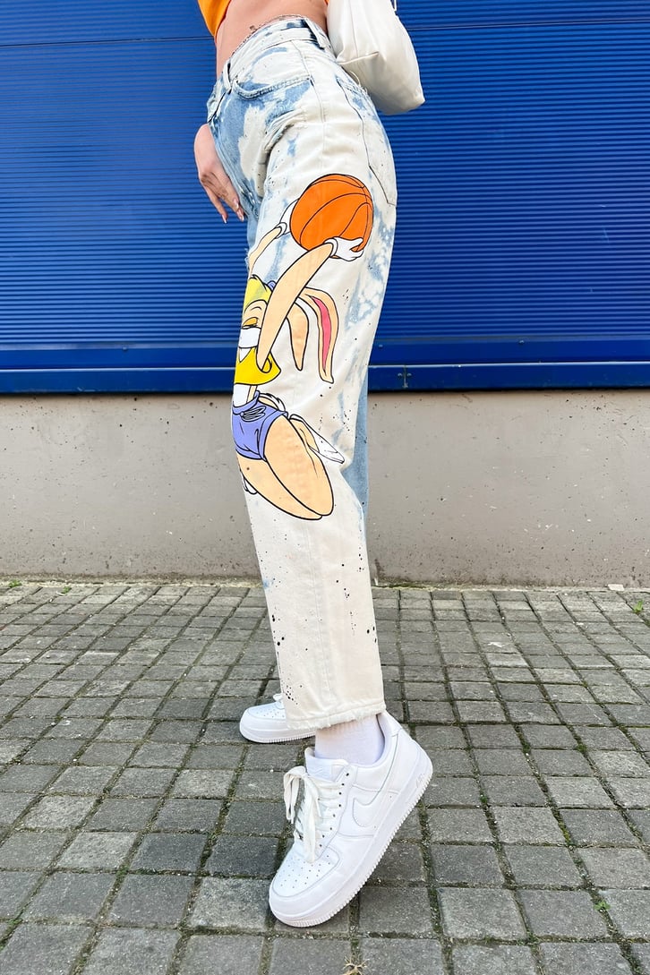 Bunny Baskılı Ripped Detay Mavi Jean