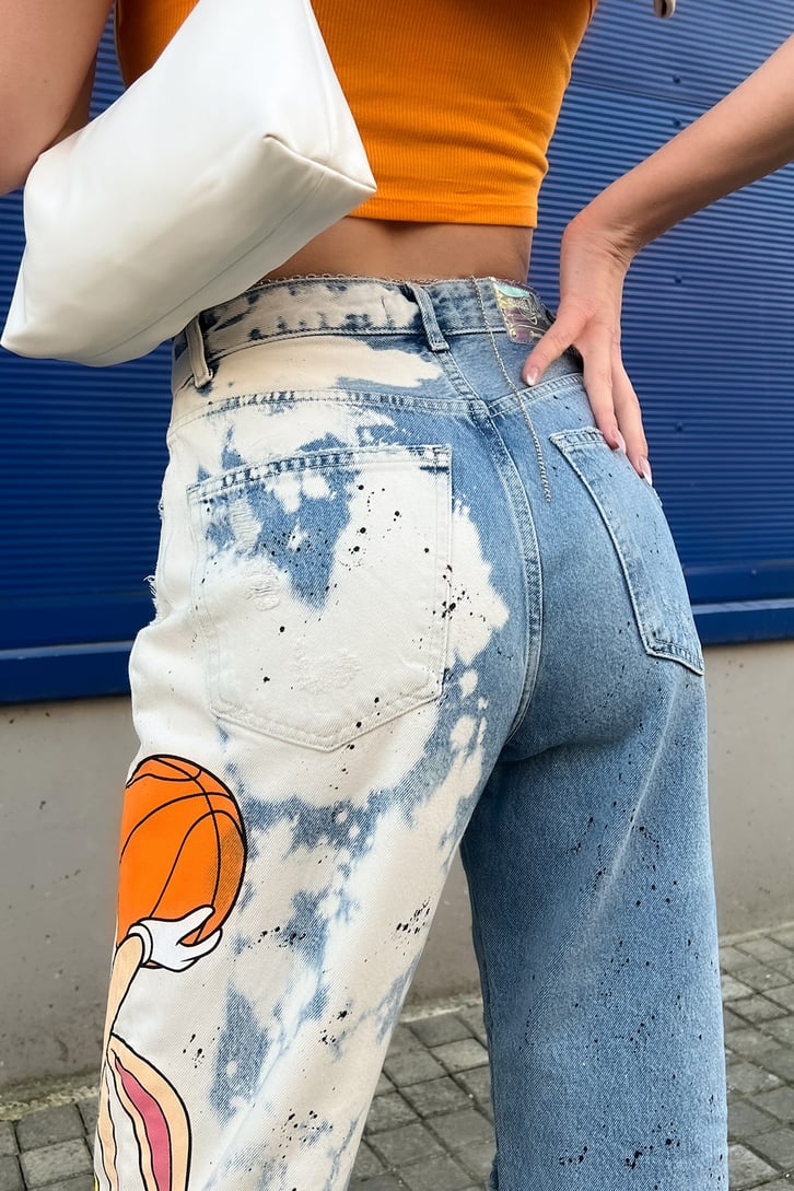 Bunny Baskılı Ripped Detay Mavi Jean