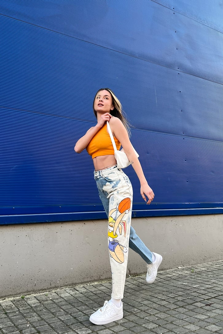 Bunny Baskılı Ripped Detay Mavi Jean