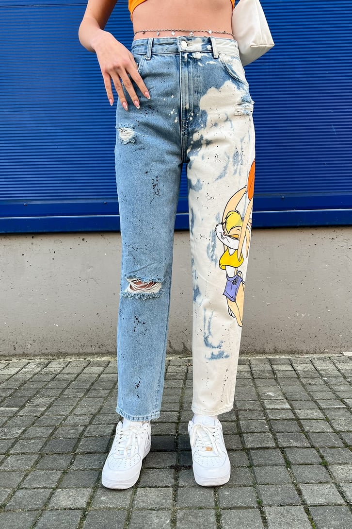 Bunny Baskılı Ripped Detay Mavi Jean