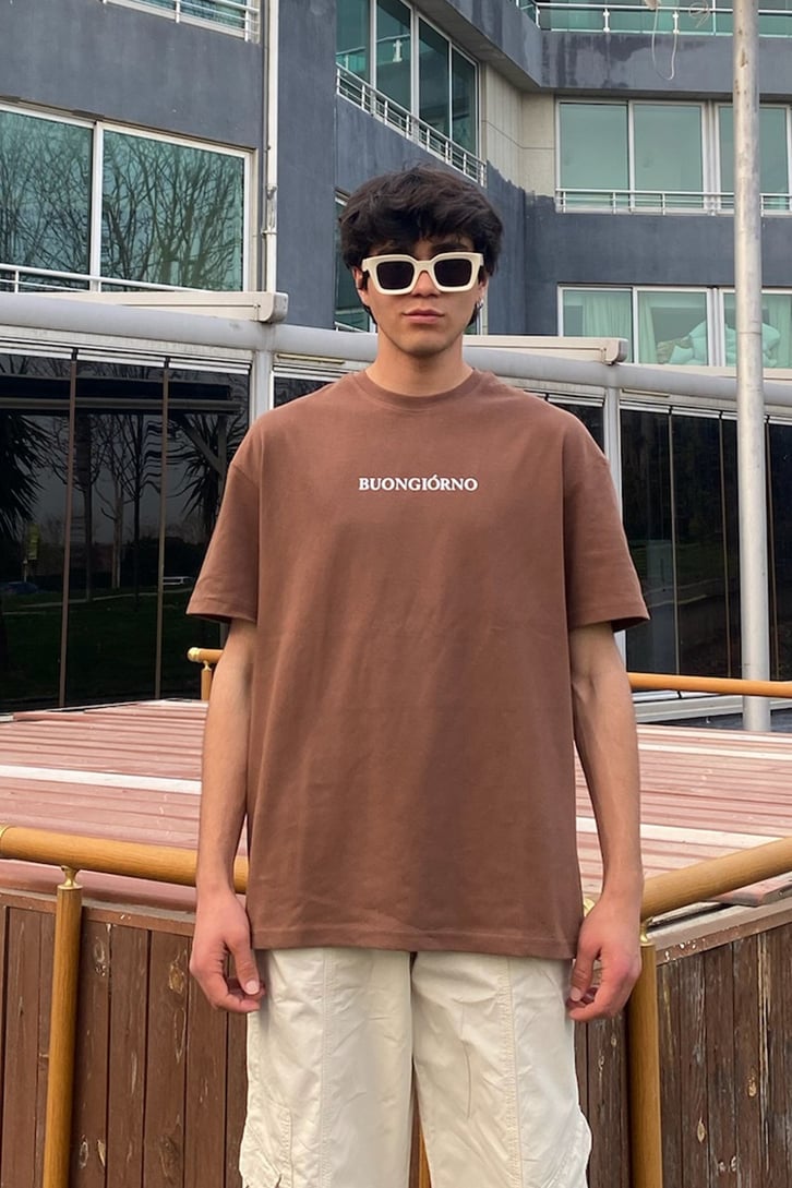 Buongiorno Baskılı Kahverengi Oversize Tshirt