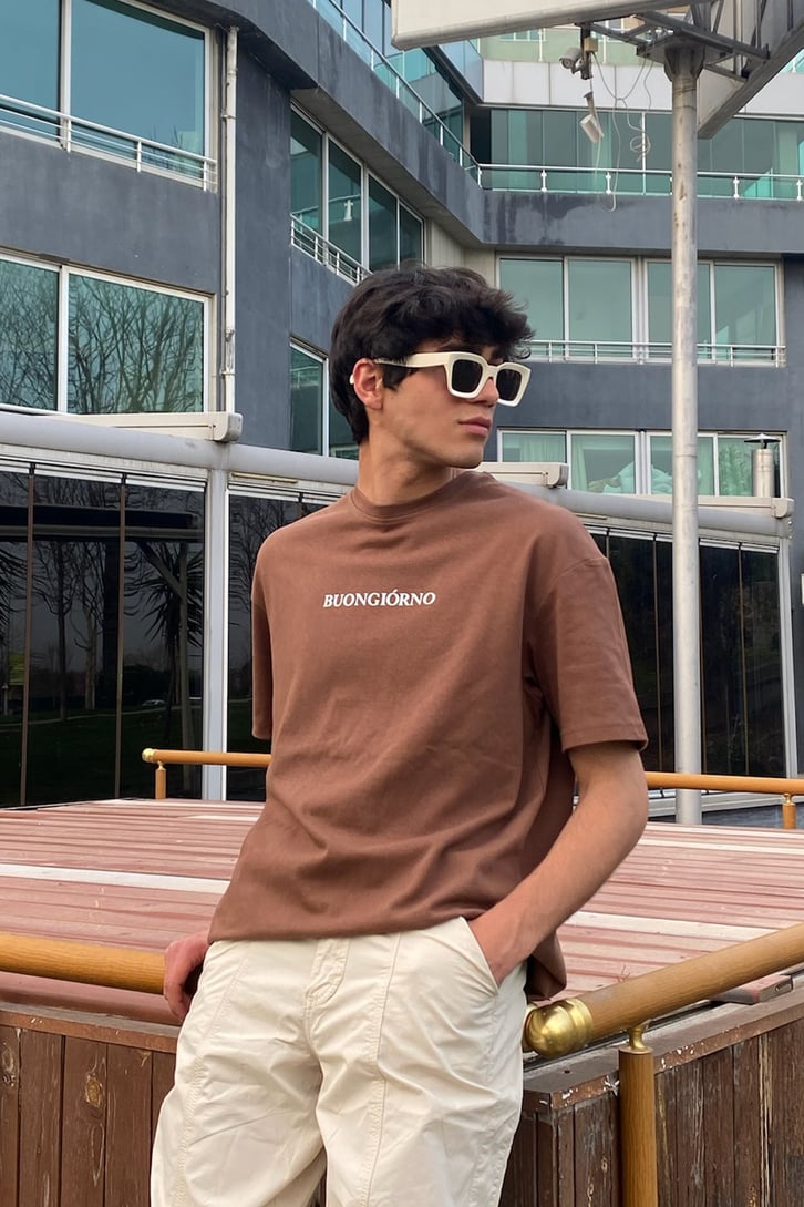 Buongiorno Baskılı Kahverengi Oversize Tshirt
