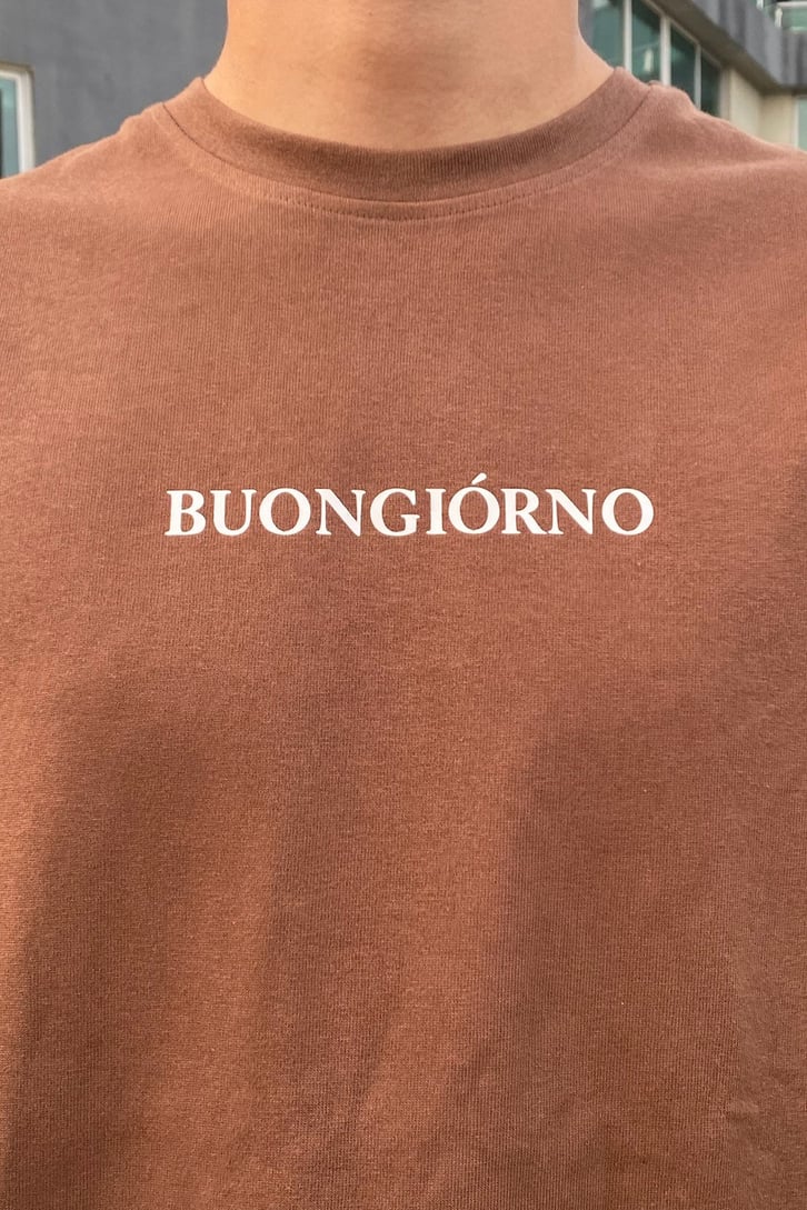 Buongiorno Baskılı Kahverengi Oversize Tshirt