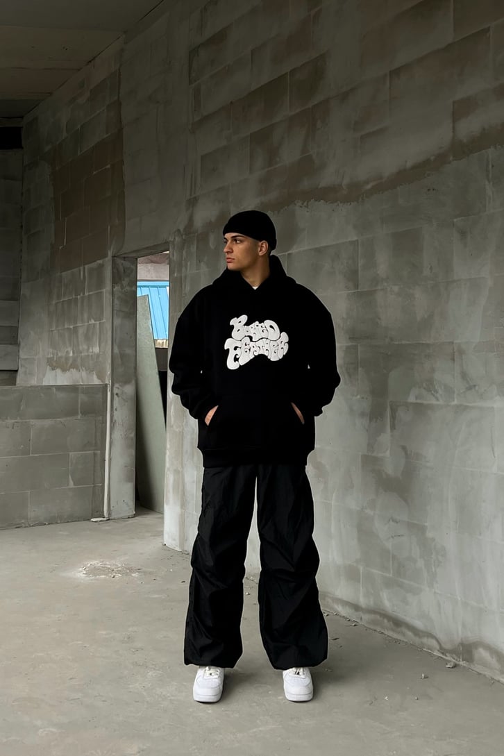 Buried Feather Baskılı Siyah Oversize Hoodie