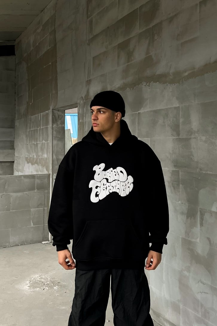 Buried Feather Baskılı Siyah Oversize Hoodie