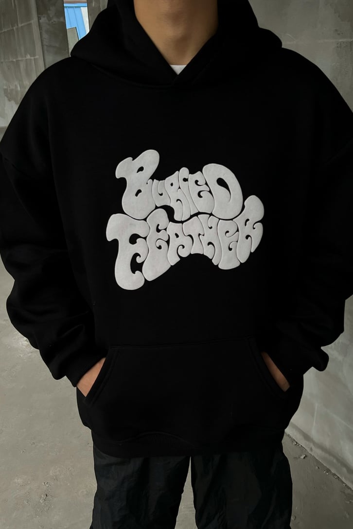 Buried Feather Baskılı Siyah Oversize Hoodie
