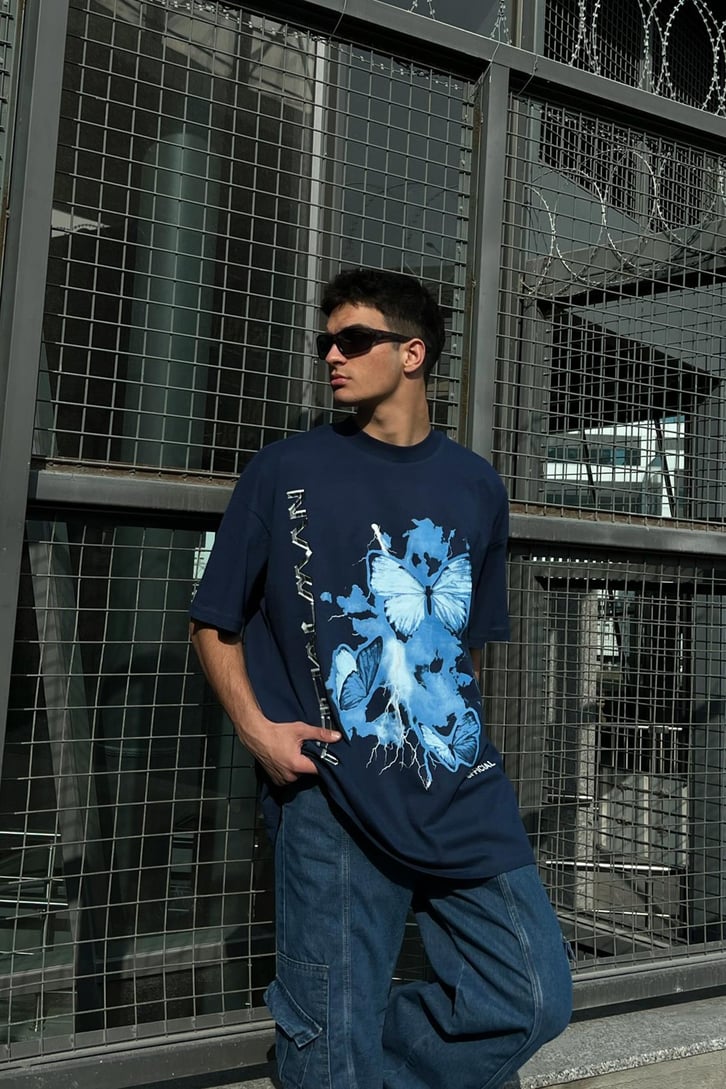 Butterfly Baskılı Lacivert Oversize Tshirt