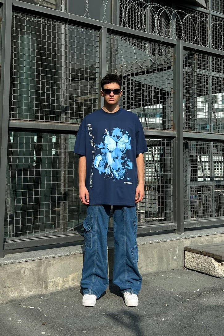 Butterfly Baskılı Lacivert Oversize Tshirt