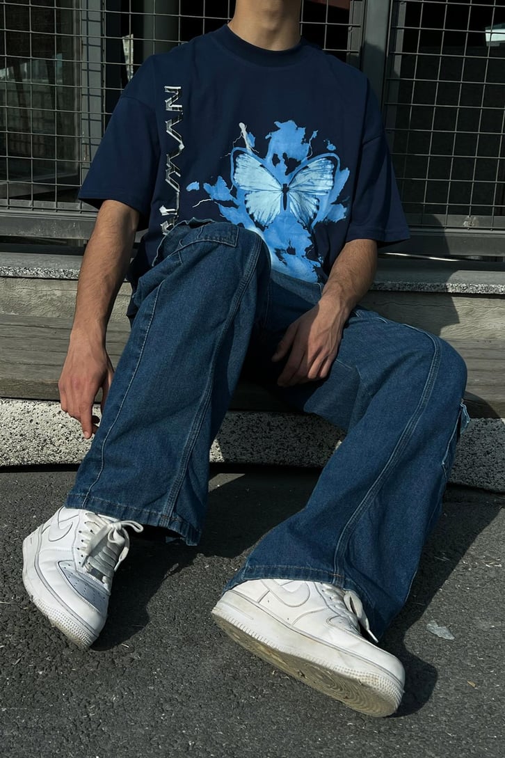 Butterfly Baskılı Lacivert Oversize Tshirt