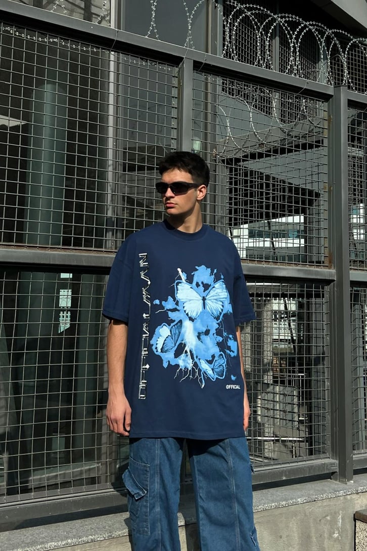 Butterfly Baskılı Lacivert Oversize Tshirt
