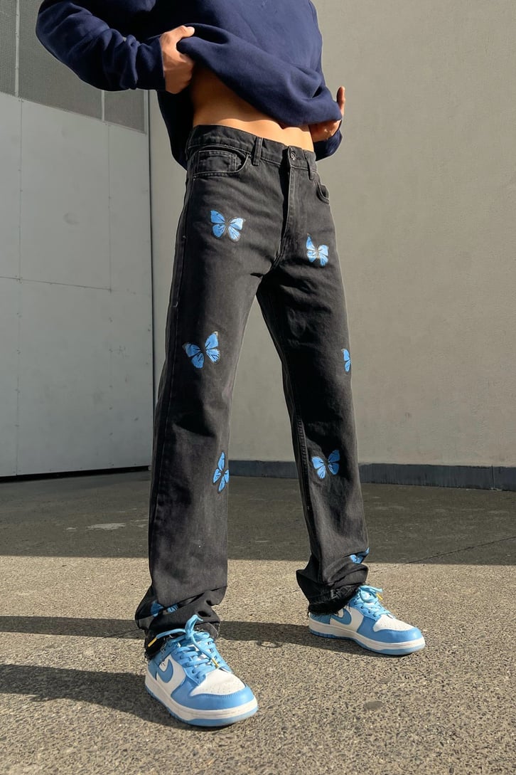 Butterfly Baskılı Siyah Regular Fit Jean