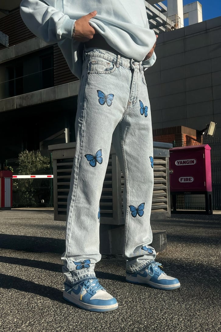 Butterfly Baskılı Siyah Regular Fit Jean