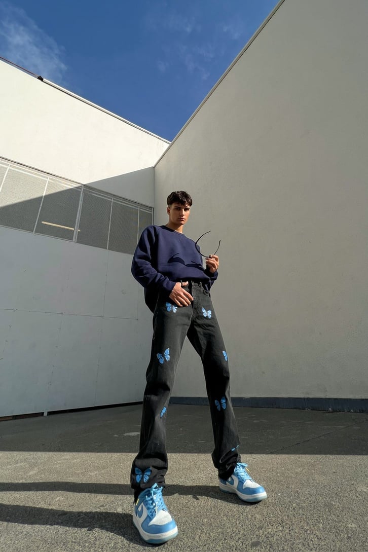Butterfly Baskılı Siyah Regular Fit Jean