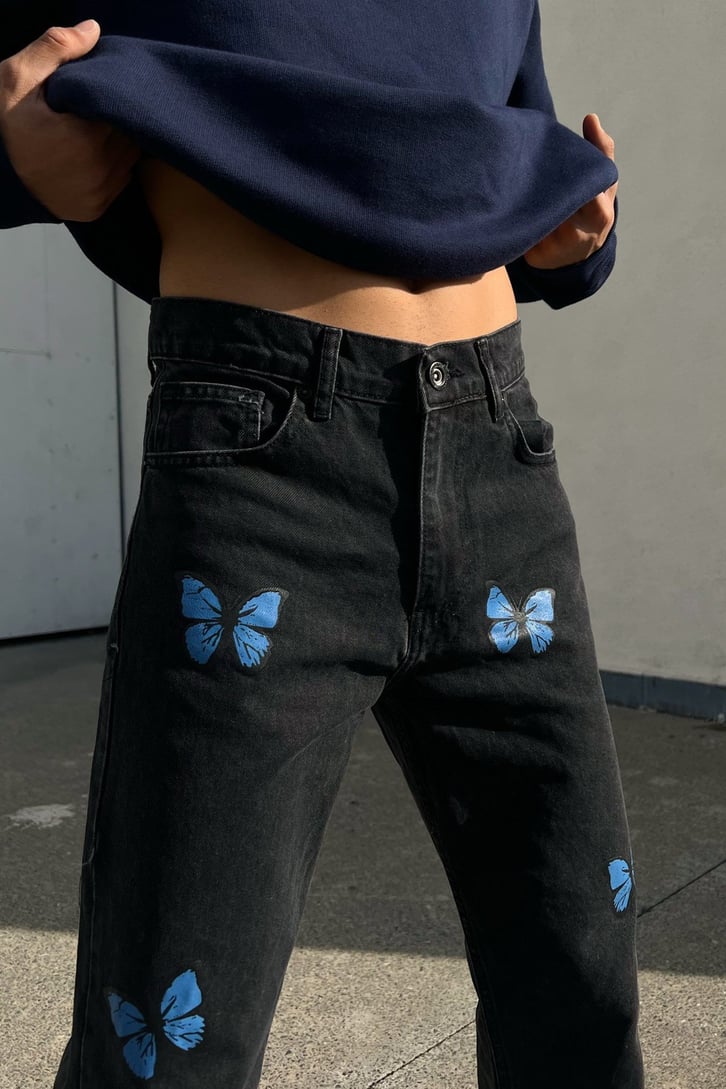 Butterfly Baskılı Siyah Regular Fit Jean