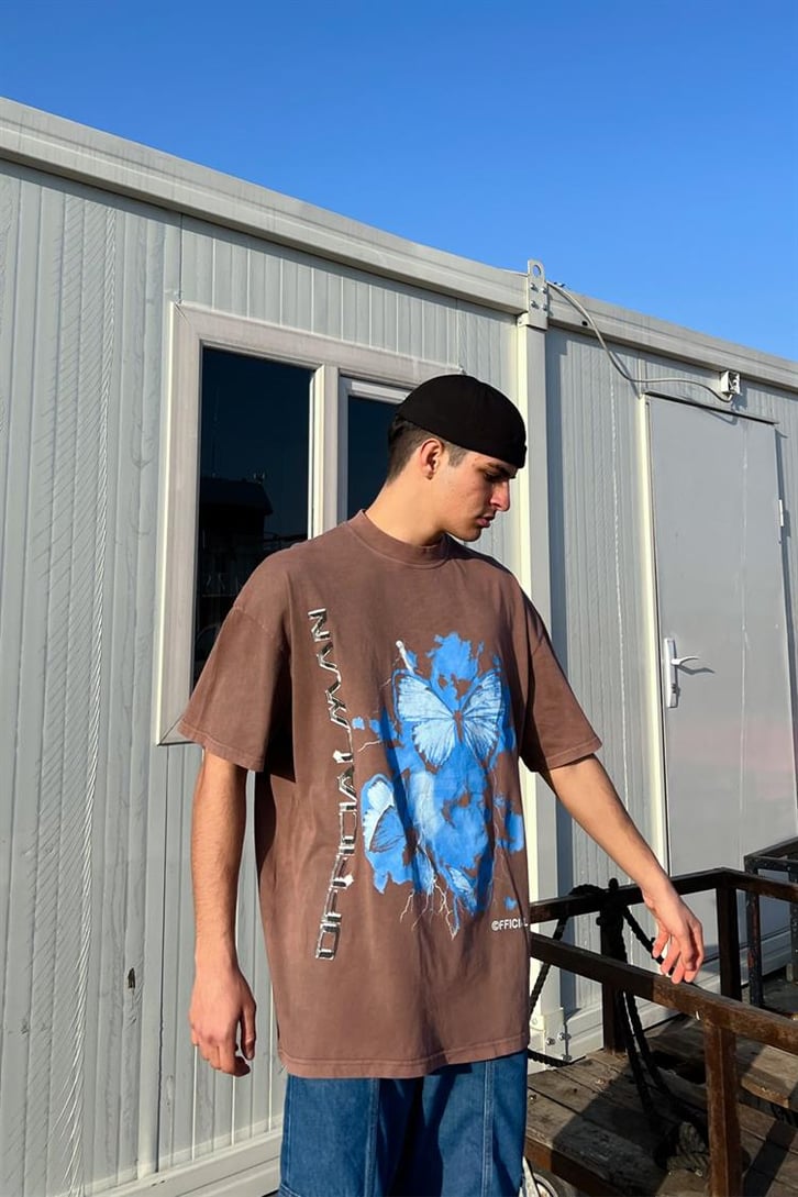 Butterfly Baskılı Vişne Oversize Tişört