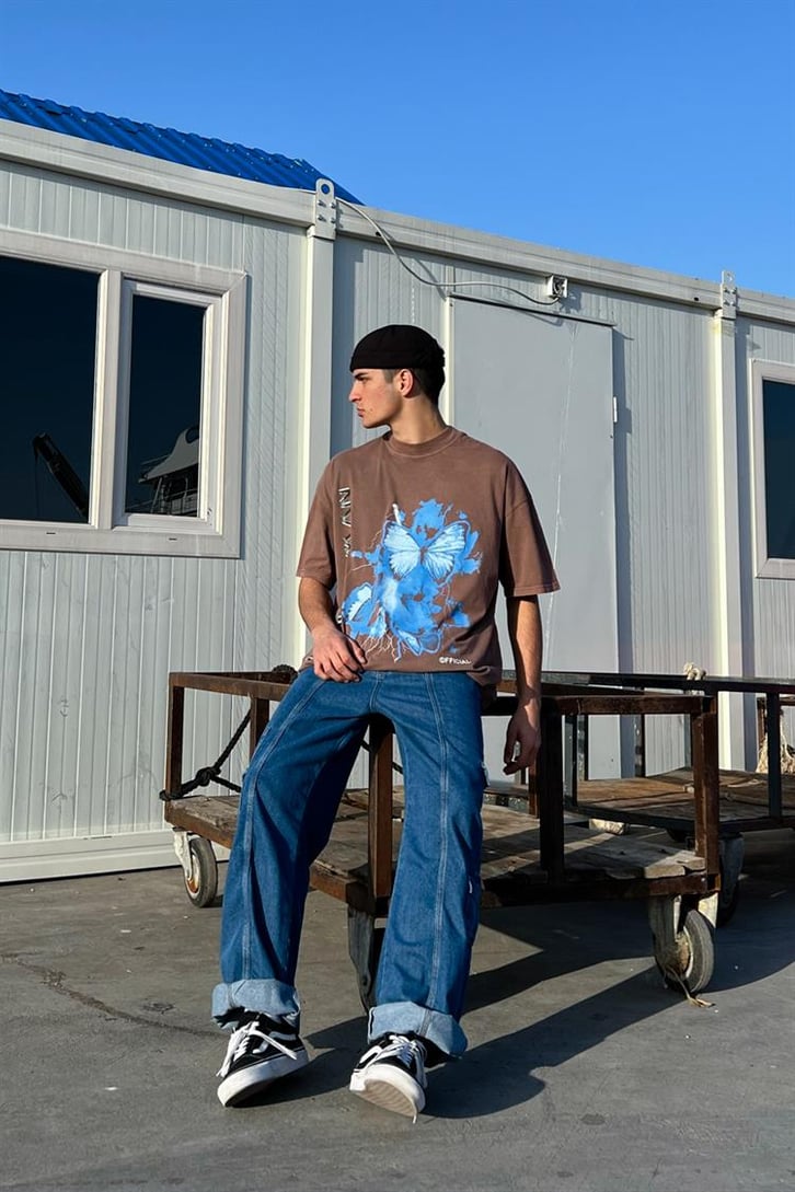 Butterfly Baskılı Vişne Oversize Tişört