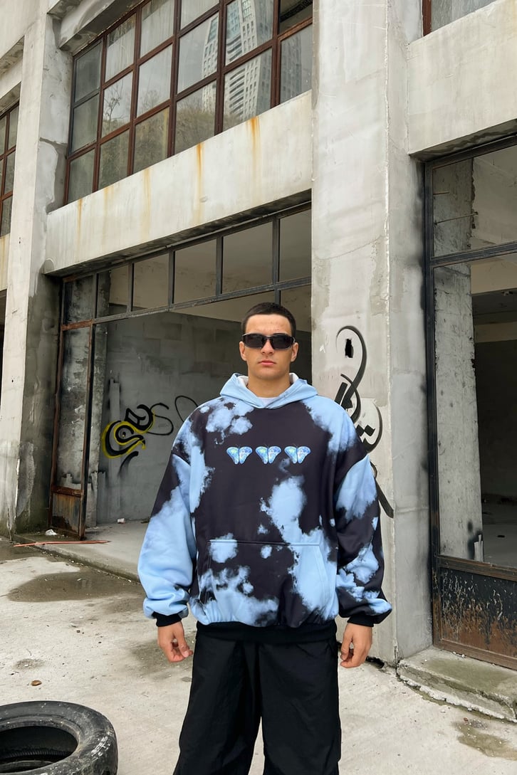 Butterfly Batik Desen Mavi Oversize Hoodie