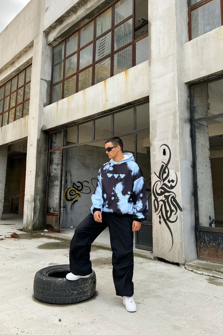 Butterfly Batik Desen Mavi Oversize Hoodie