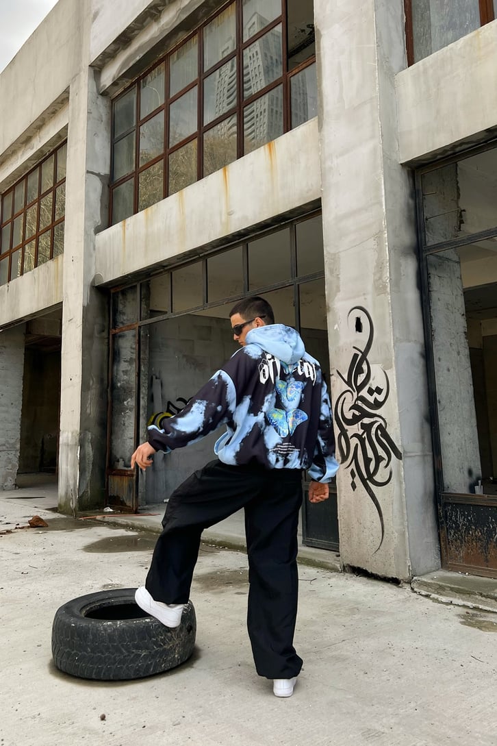 Butterfly Batik Desen Mavi Oversize Hoodie