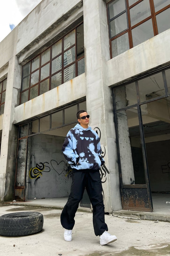 Butterfly Batik Desen Mavi Oversize Hoodie