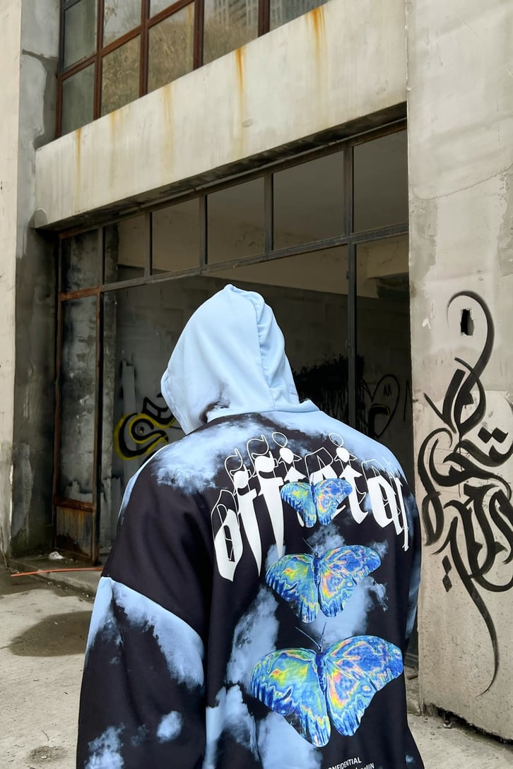Butterfly Batik Desen Mavi Oversize Hoodie