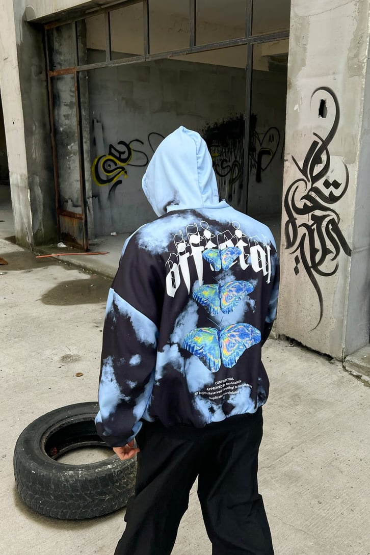 Butterfly Batik Desen Mavi Oversize Hoodie