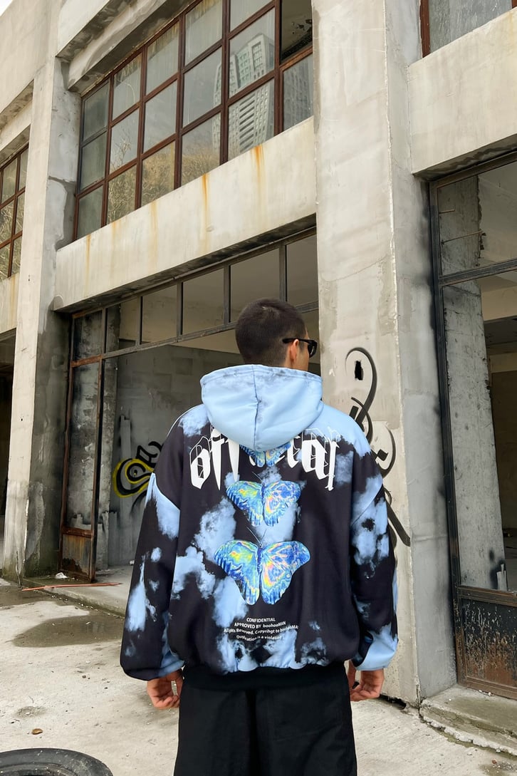Butterfly Batik Desen Mavi Oversize Hoodie