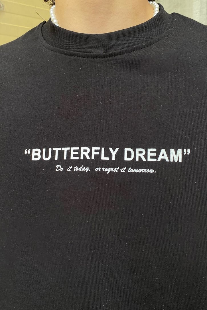 Butterfly Dream Baskılı Siyah Oversize Tshirt