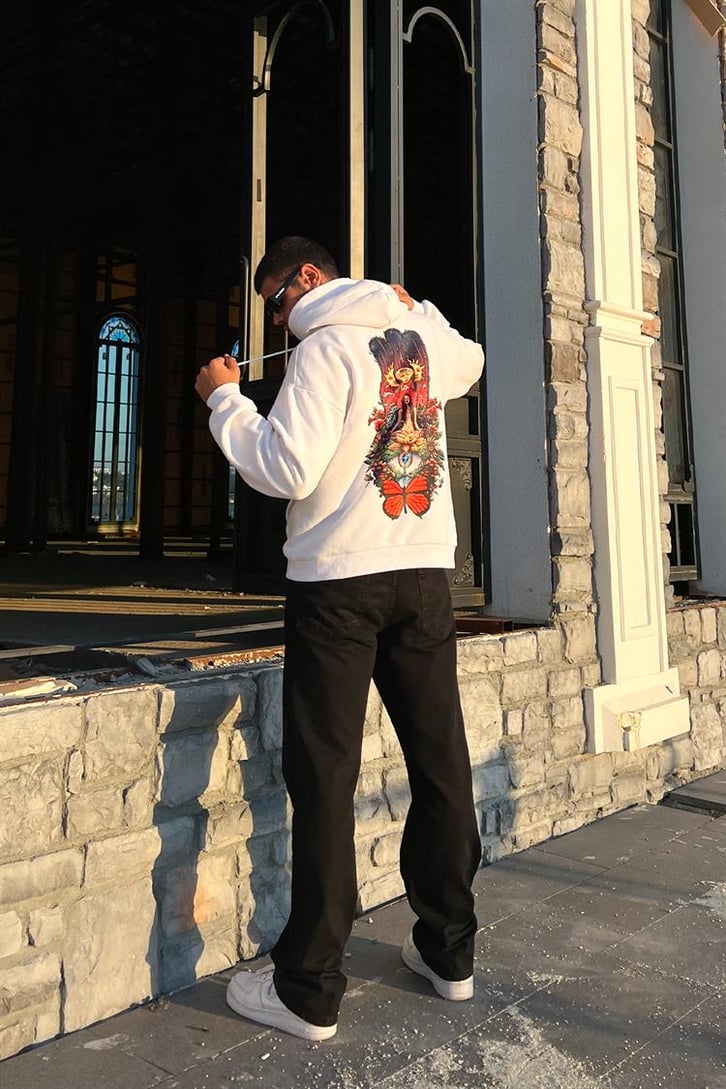 Butterfly Eye Sırt Baskılı Beyaz Oversize Hoodie
