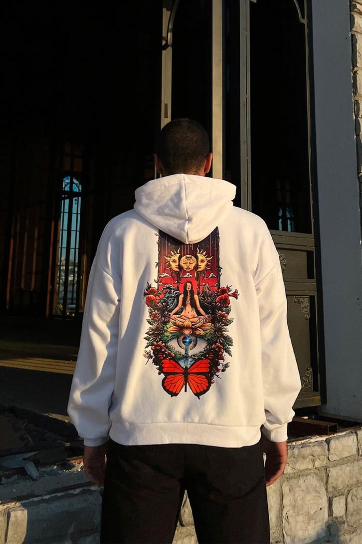 Butterfly Eye Sırt Baskılı Beyaz Oversize Hoodie