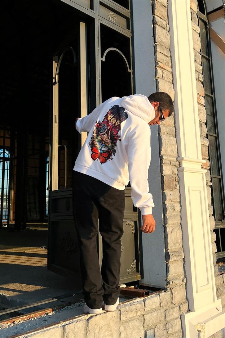 Butterfly Eye Sırt Baskılı Beyaz Oversize Hoodie