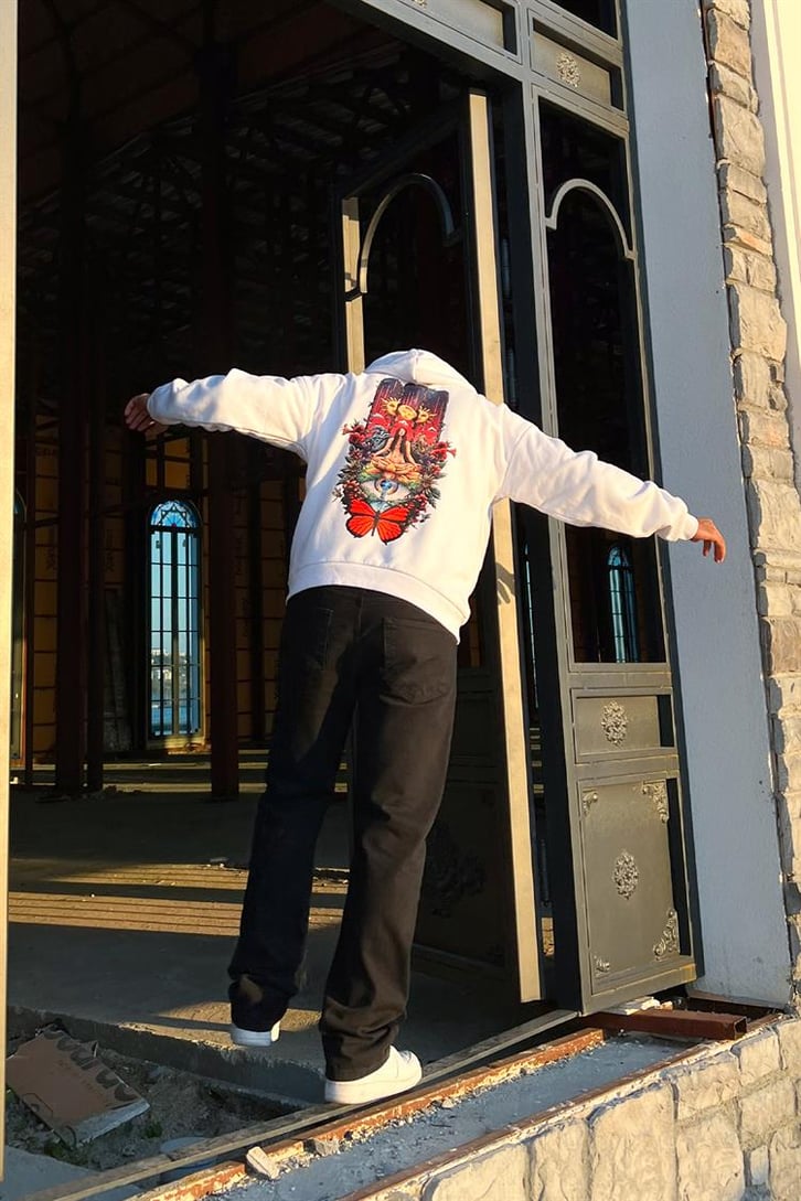 Butterfly Eye Sırt Baskılı Beyaz Oversize Hoodie