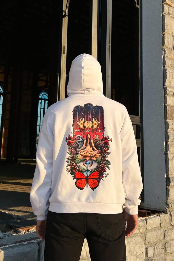 Butterfly Eye Sırt Baskılı Beyaz Oversize Hoodie
