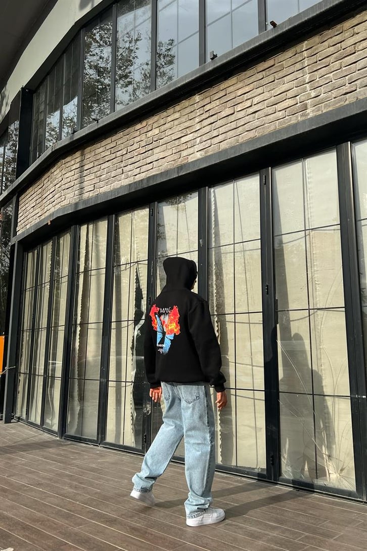Butterfly Flame Sırt Baskılı Siyah İçi Pamuklu Oversize Hoodie