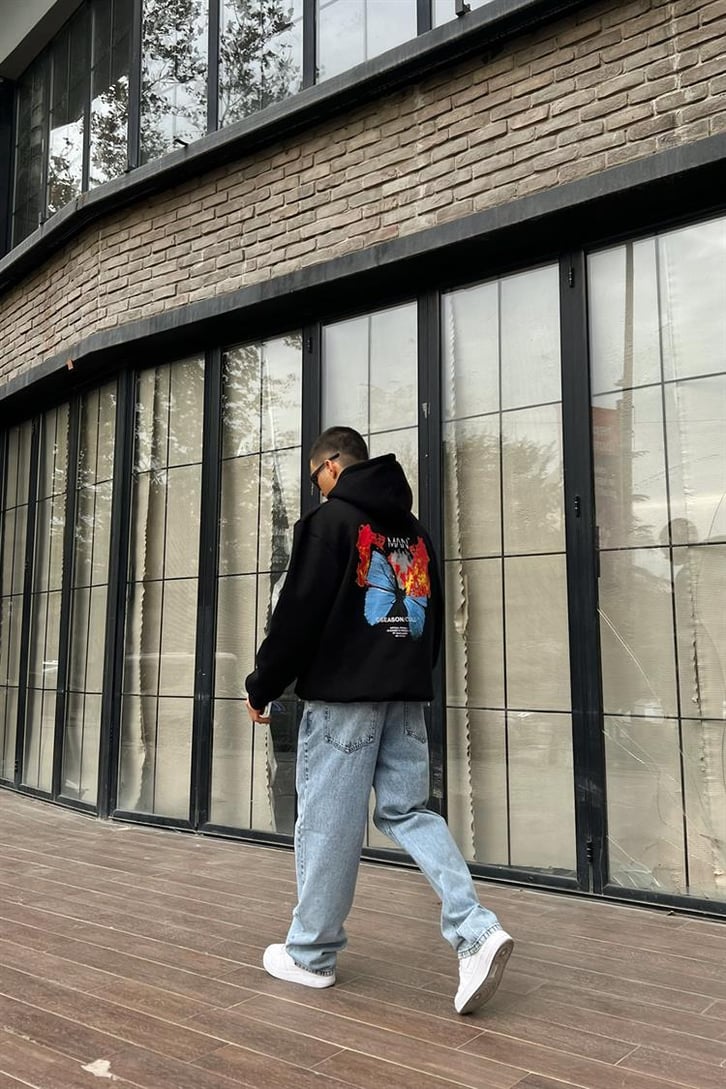 Butterfly Flame Sırt Baskılı Siyah İçi Pamuklu Oversize Hoodie