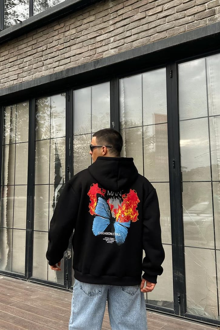 Butterfly Flame Sırt Baskılı Siyah İçi Pamuklu Oversize Hoodie