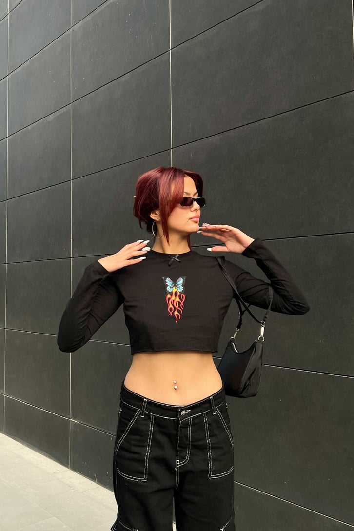 Butterfly Flame Siyah Uzun Kollu Crop