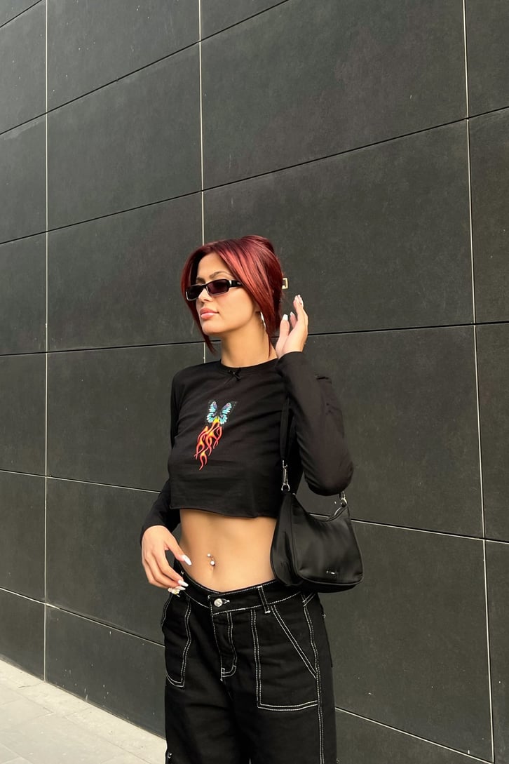 Butterfly Flame Siyah Uzun Kollu Crop