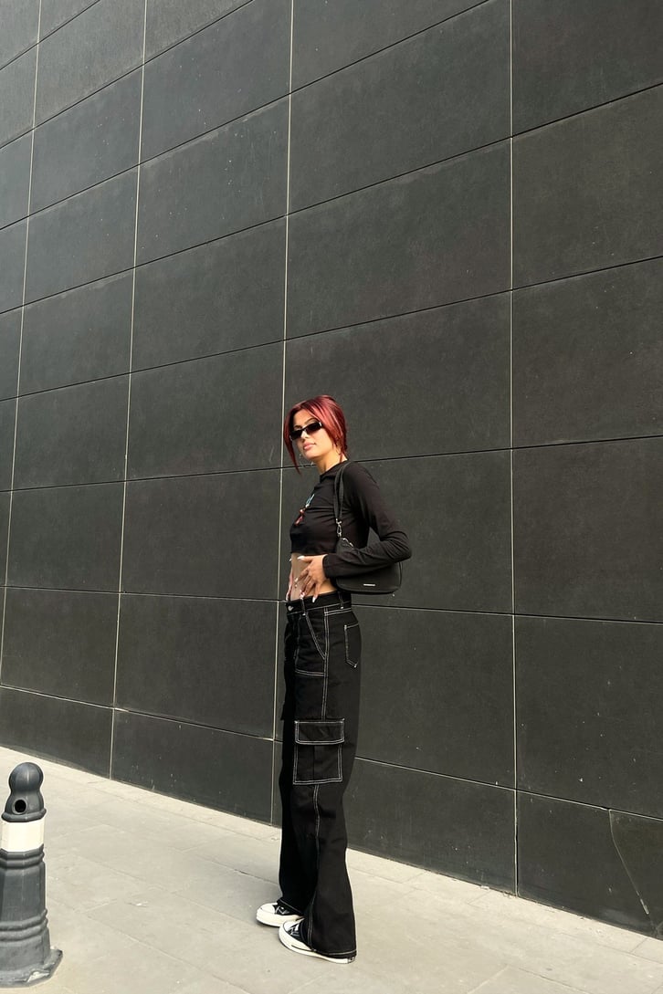 Butterfly Flame Siyah Uzun Kollu Crop