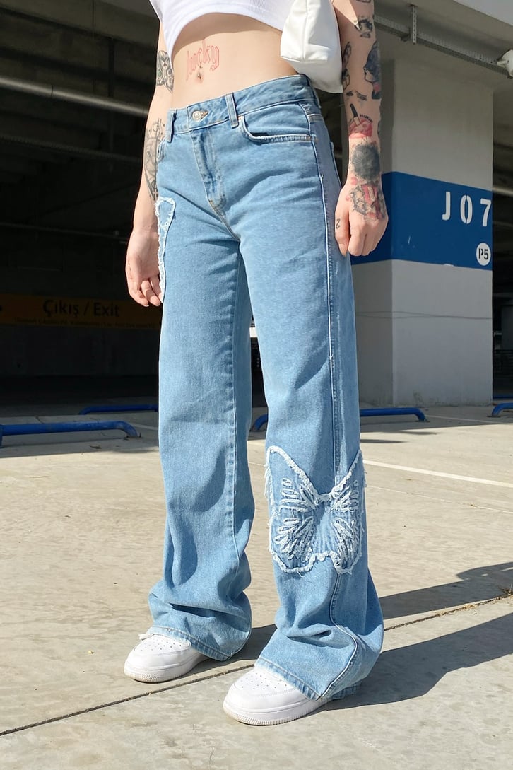 Butterfly Nakışlı Mavi Baggy Jean