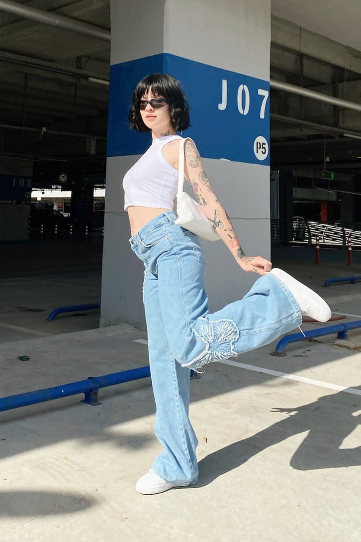 Butterfly Nakışlı Mavi Baggy Jean