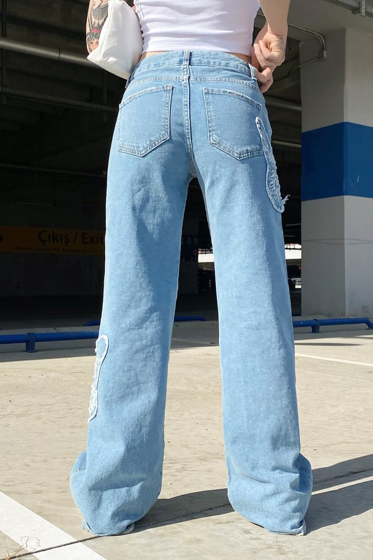 Butterfly Nakışlı Mavi Baggy Jean